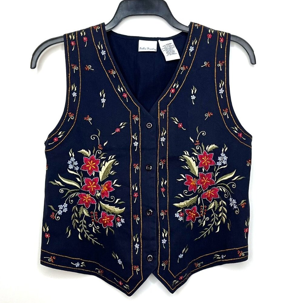 Bobbie Brooks Navy Cotton Embroidered Vest, Button Up, Tie Back Detail, Size 4/6